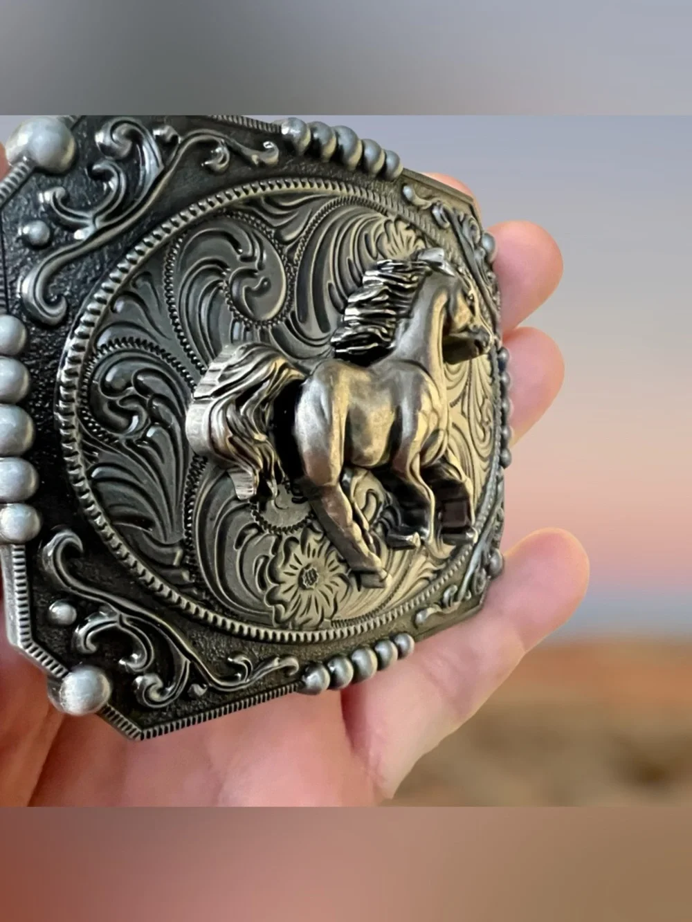 Detailed Silver Engraved Horse/Western Unisex Clip-On Belt Buckle